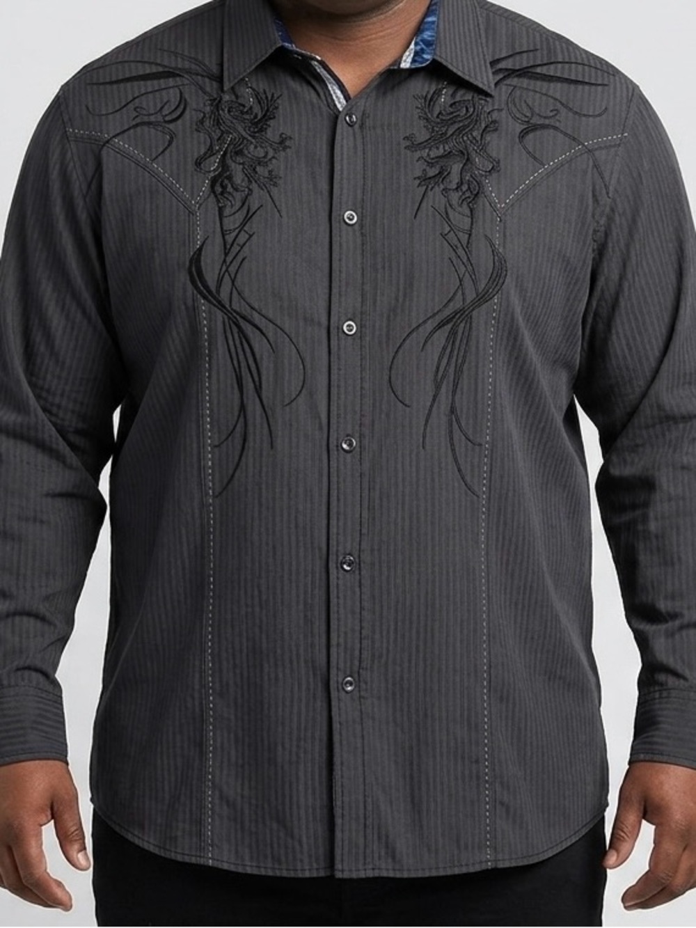 Roar Men's XXL Gray Embroidered Western Button Down Shirt
